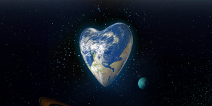 a heart shaped earth floats in space