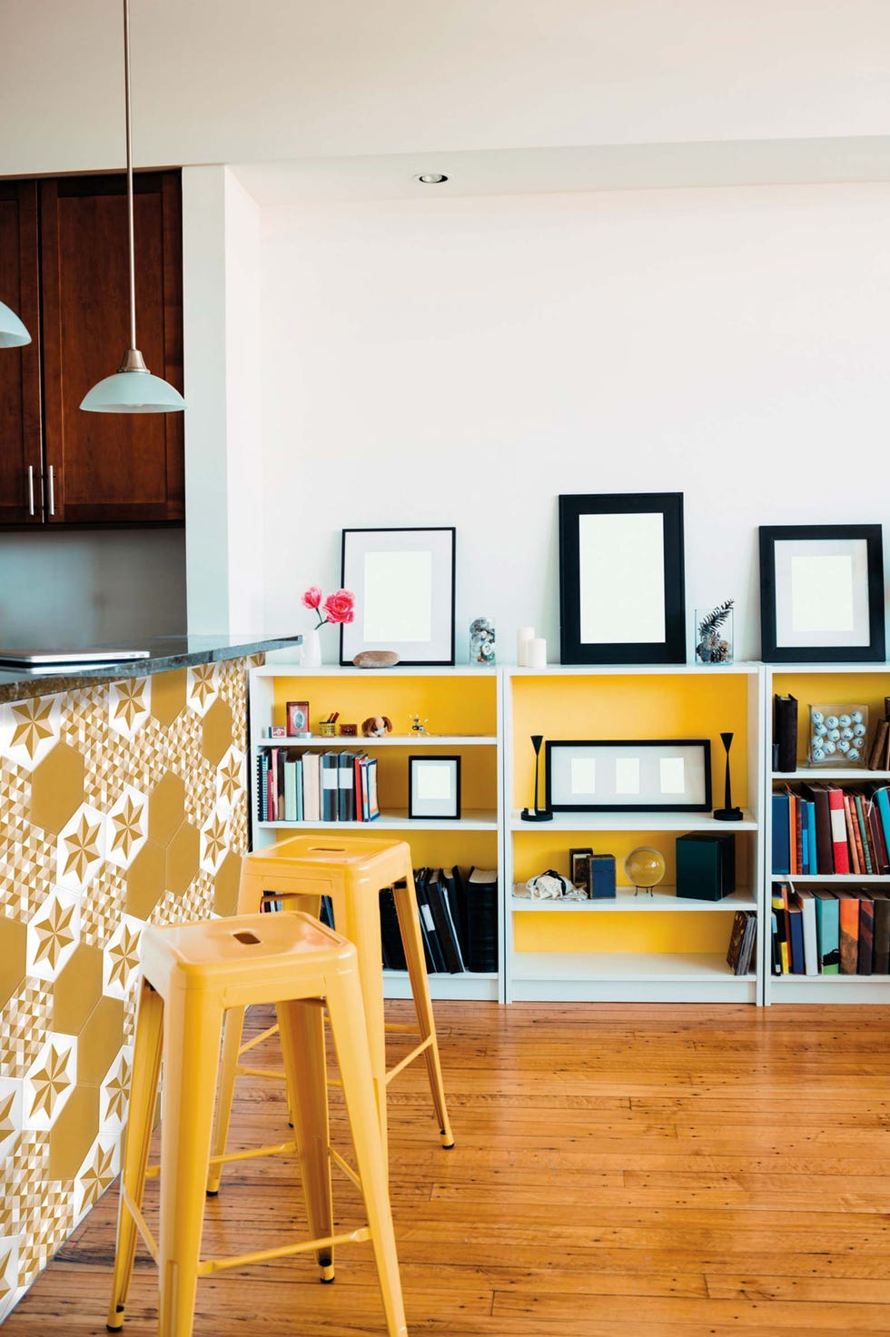 Room, Furniture, Yellow, Interior design, Shelf, Floor, Wall, Table, Shelving, House, 