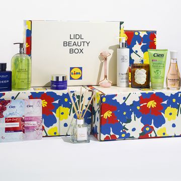 lidl's beauty boxes stacked with beauty products arranged around it