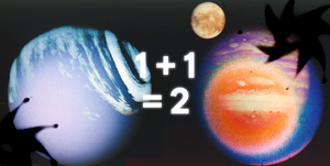 the sum 1 plus 1 equals 2 is shown over a background of different planets and moons