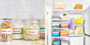 organized laundry room and closet with labeled containers and neatly folded clothes
