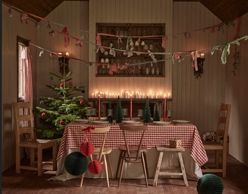 festive dining room decorated for a holiday gathering