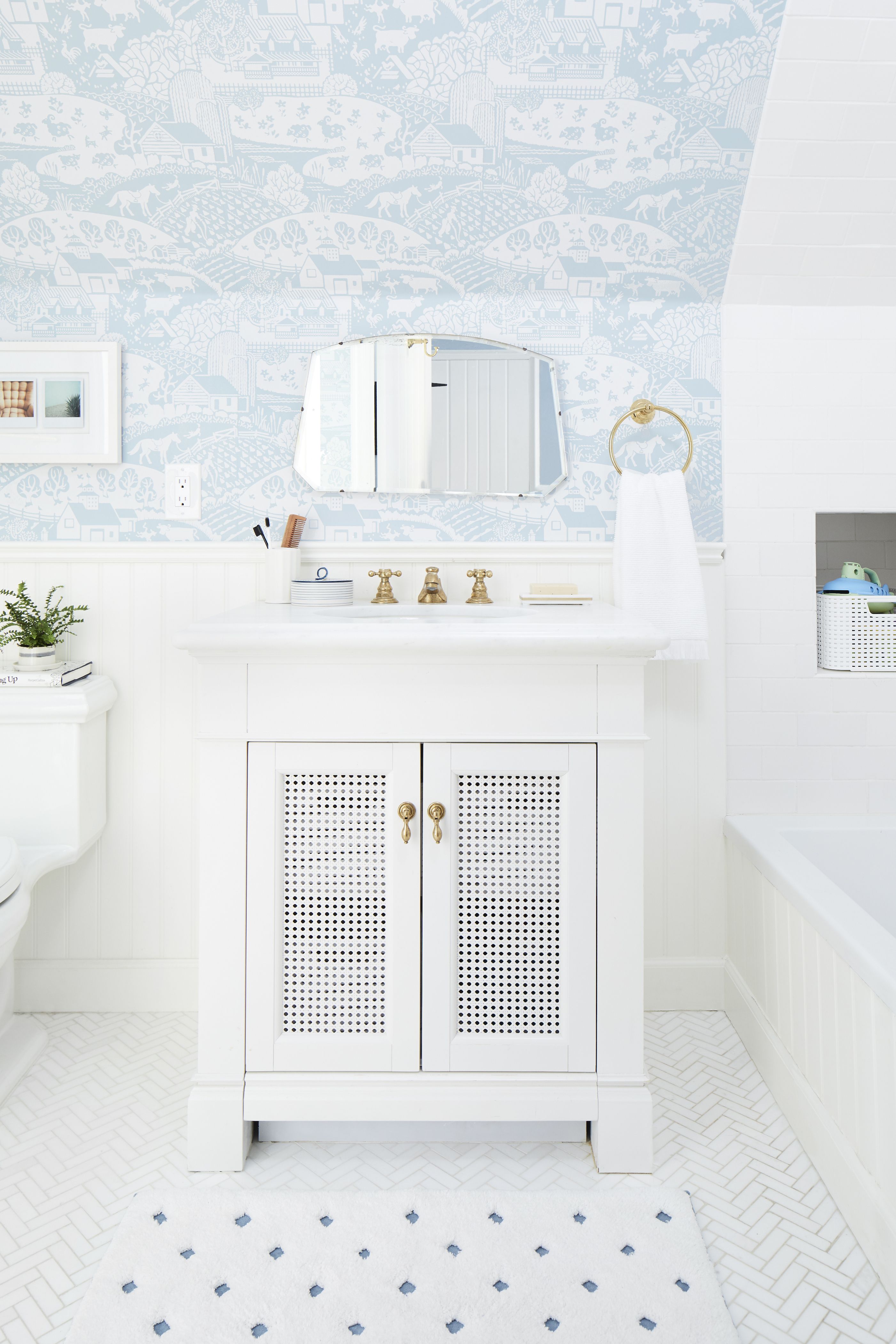 White and Blue Cottage Bathroom with Blue Ikat Wallpaper  French  Bathroom