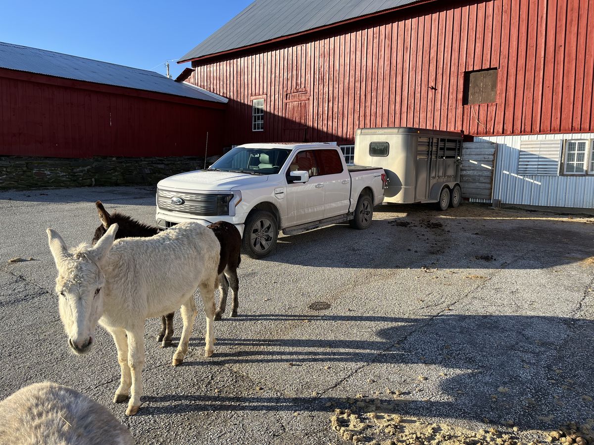 ford lightning with trailer in front of a red barn
