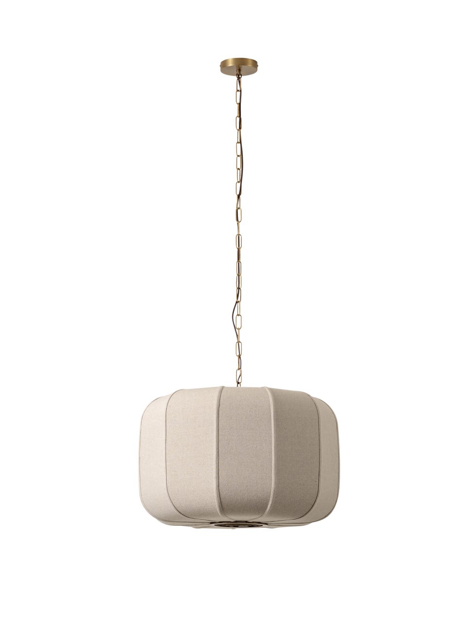 hanging light fixture with a fabric shade and chain