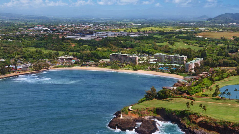 aerial view of a coastal area featuring a resort beach and surrounding greenery