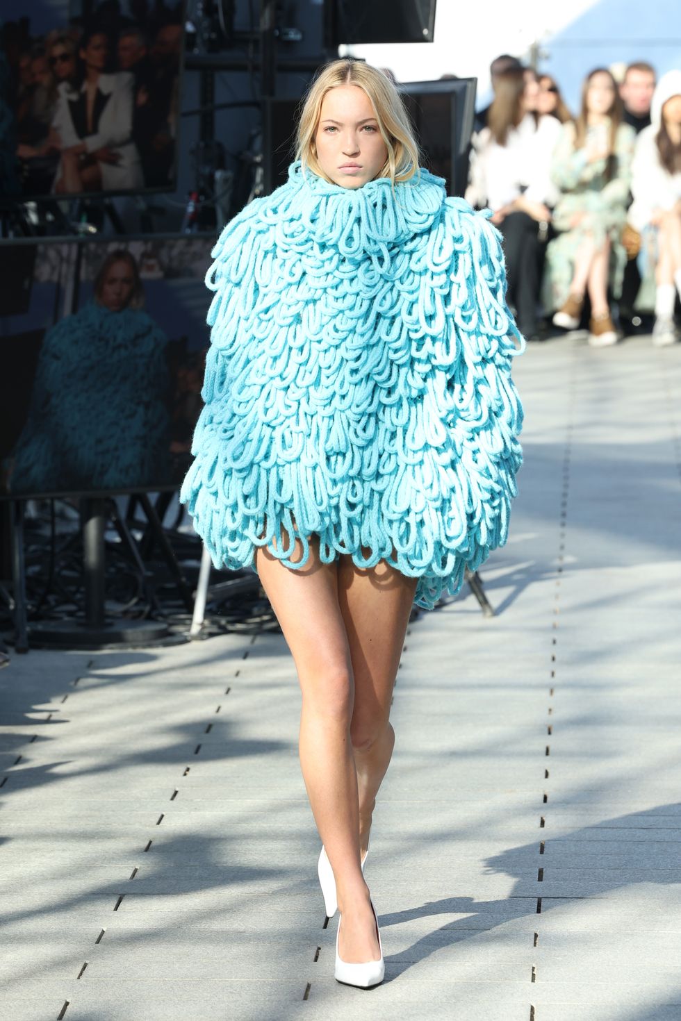 lila moss wears a blue mini dress to look like the cookie monster on the stella mccartney runway during paris fashion week womenswear fallwinter 2024 2025 show