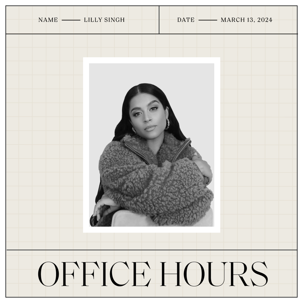 a headshot of lilly singh with the office hours logo below and her name and the date above
