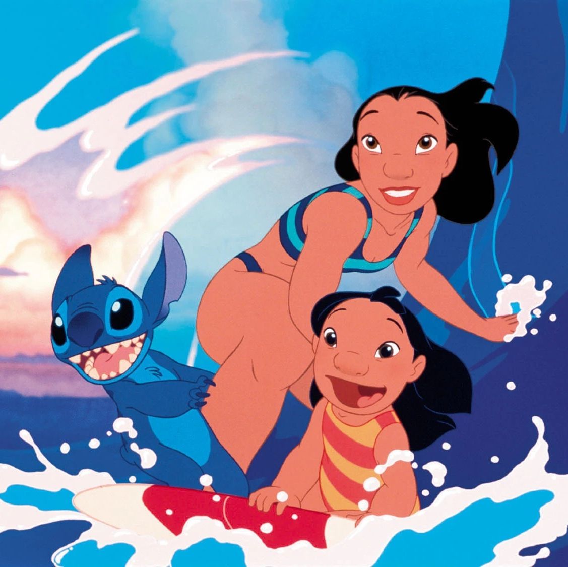 lilo and stitch, with the duo and nani surfing a wave on a board