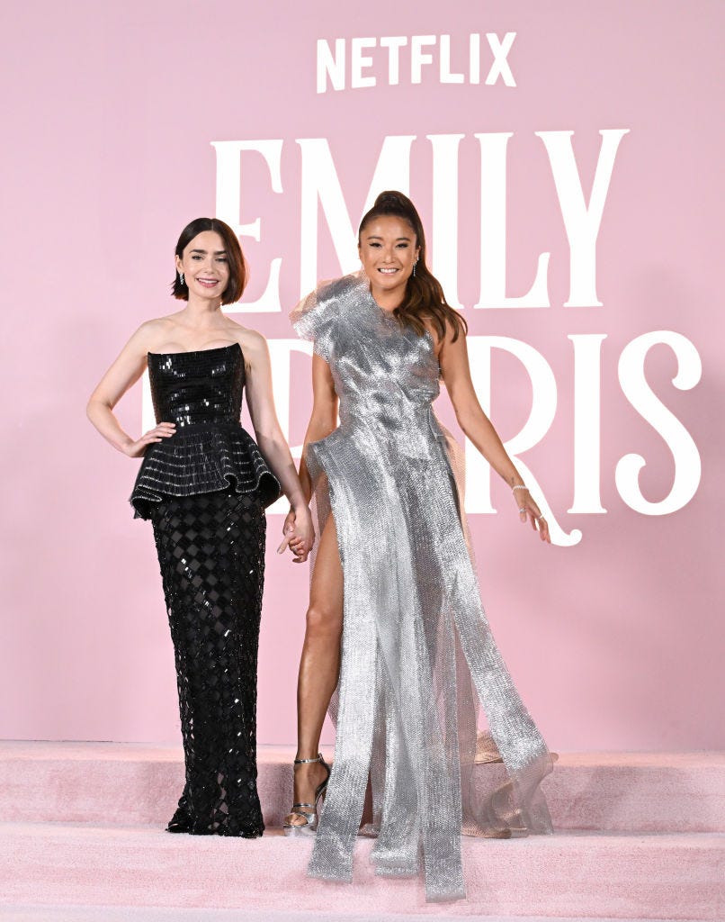 Lily Collins and Ashley Park Were Radiant Besties in Contrasting Shiny Gowns