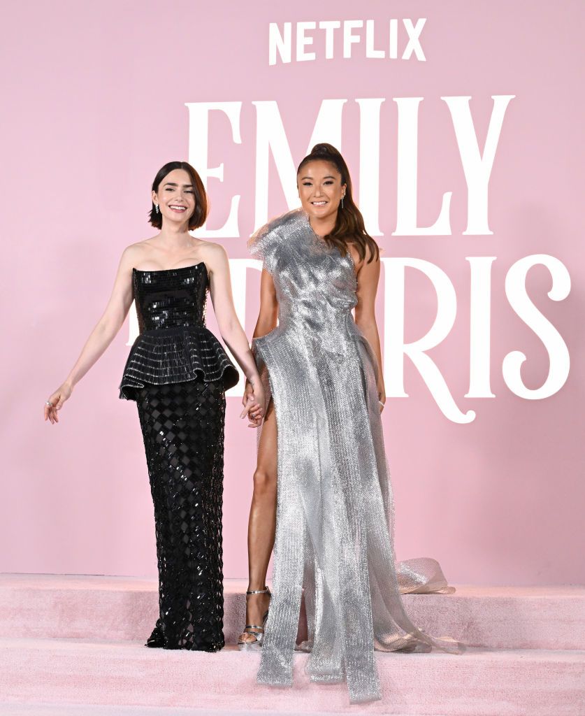 Lily Collins and Ashley Park Were Radiant Besties in Contrasting Shiny Gowns