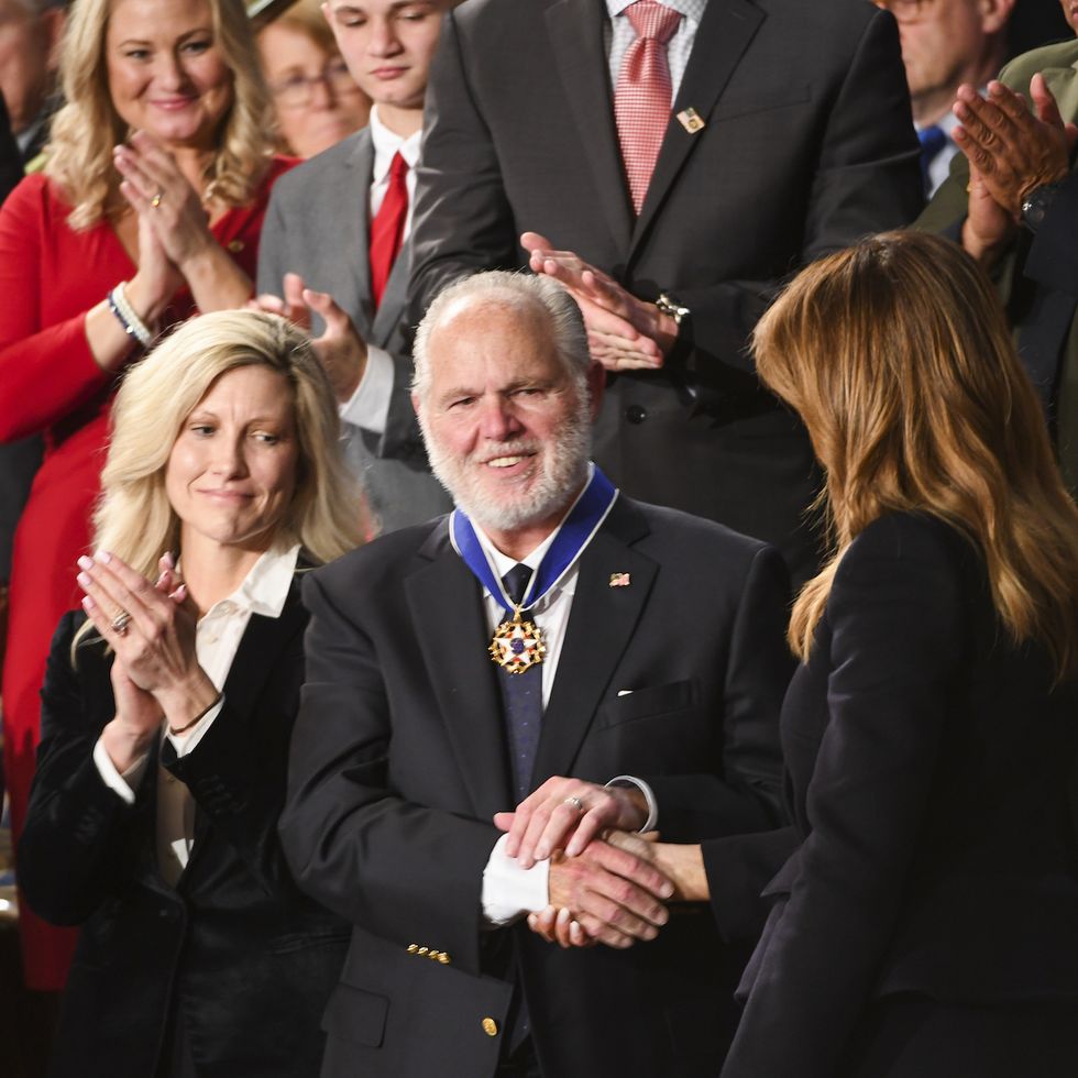 washington, dc   february 04 radio personality rush limbaugh is presented the medal of freedom by first lady melania trump during the state of the union address before members of congress in the house chamber of the us capitol february 4, 2020 in washington, dc  photo by jonathan newtonthe washington post via getty images