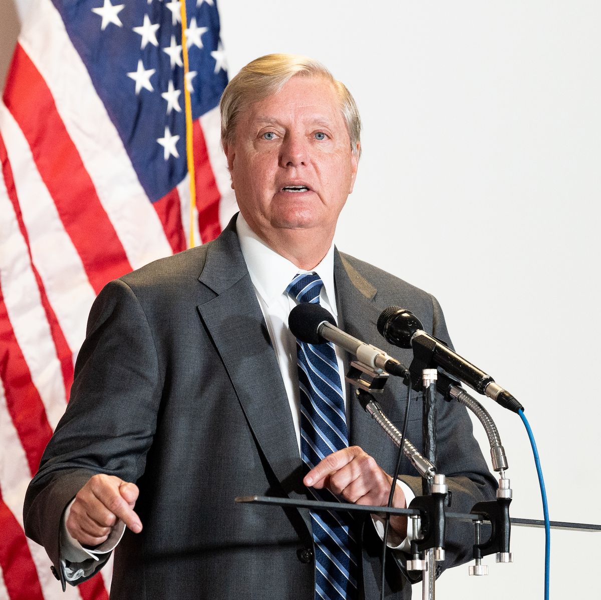 washington, united states   may 12, 2020 us senator lindsey graham r sc speaks to the media on his way to the republican caucus launch