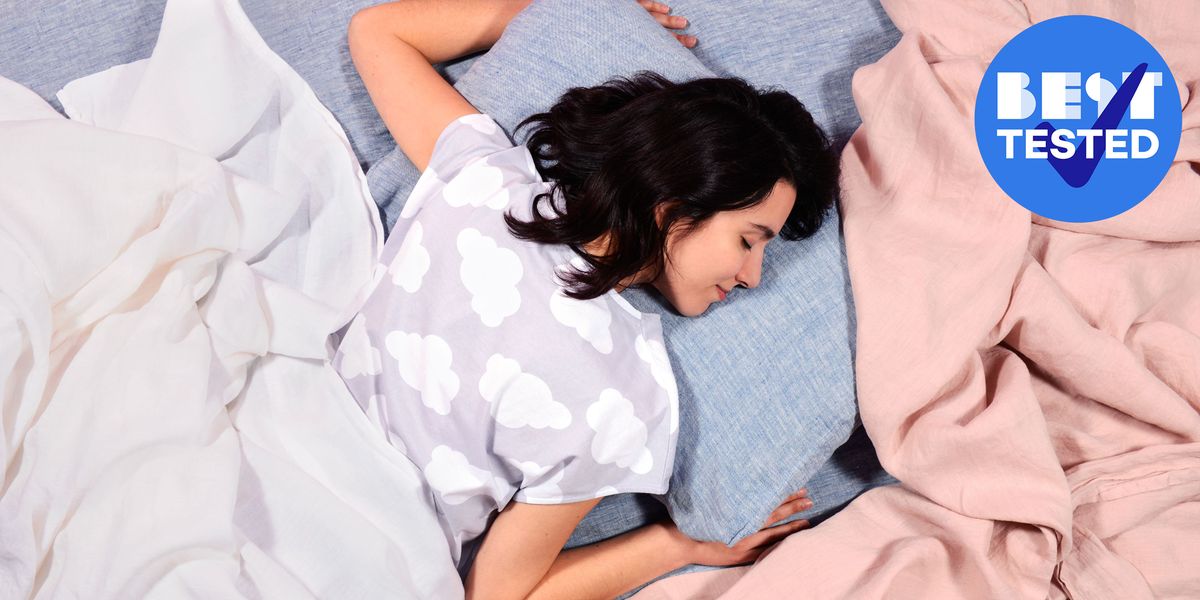melanie in cloud pajamas sleeping on various linen sheets