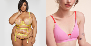 two lingerie product photos side by side, one shows a plus size black model wearing a yellow floral bra, underwear, and garter belt set, the other shows a straight size white model wearing a pink and red bralette