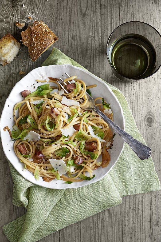 linguine with brussel sprout leaves, diced pancetta, and shaved parmesan