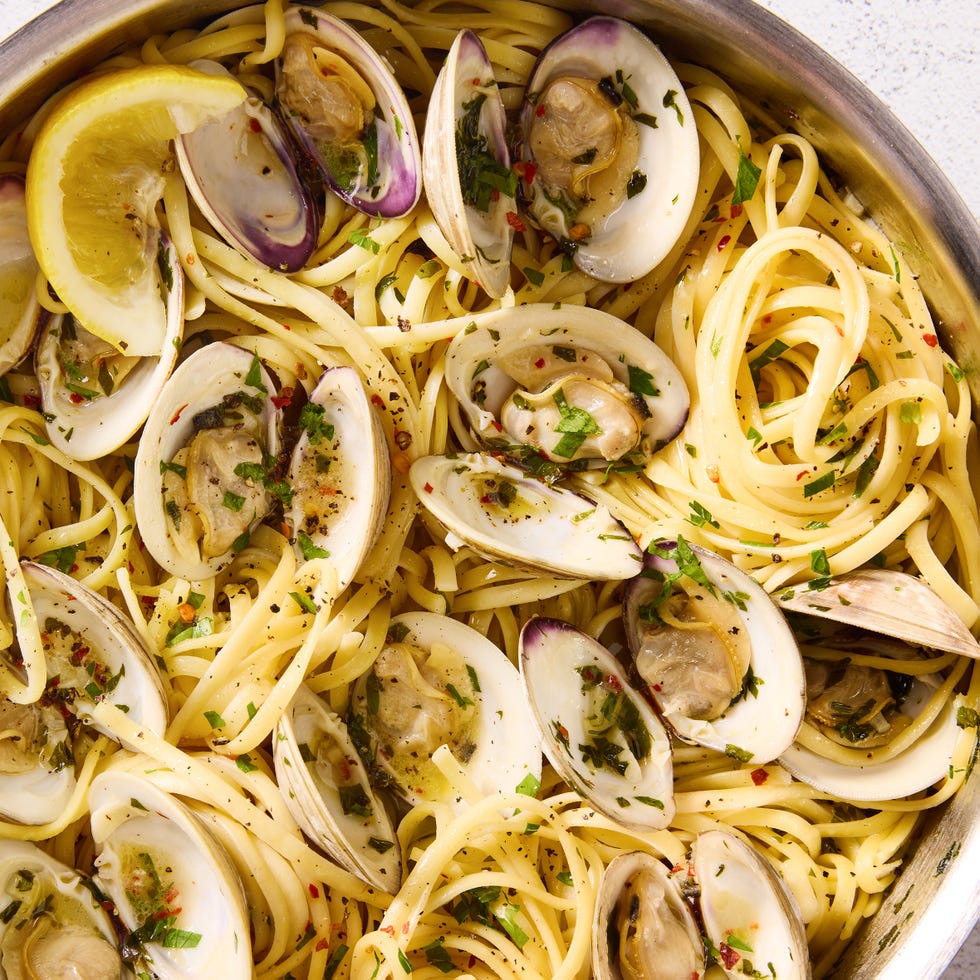 linguine with clams fresh herbs, lemon, and red pepper flakes