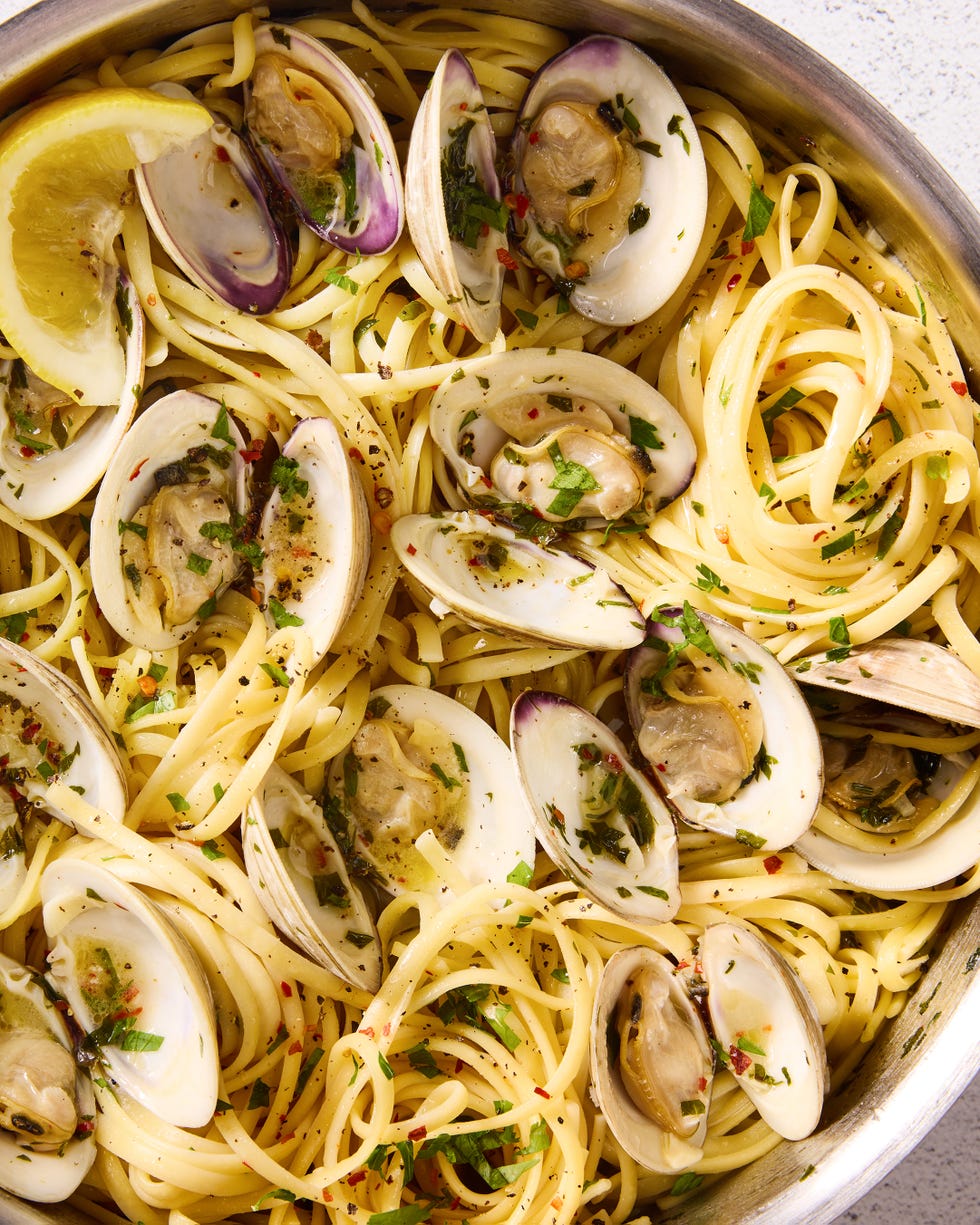 linguine with clams fresh herbs, lemon, and red pepper flakes