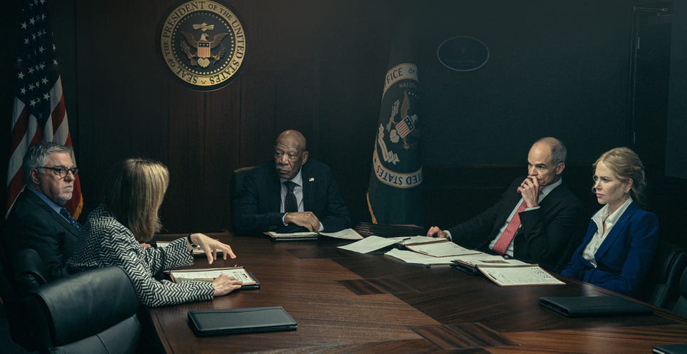 l r bruce mcgill as nsa chief damian hollar, jennifer ehle as chief of staff mason, morgan freeman as secretary of state mullins, michael kelly as bryon westfield and nicole kidman as kaitlyn meade in lioness, episode 1, season 2, streaming on paramount+, 2024. photo credit: ryan green/paramount+