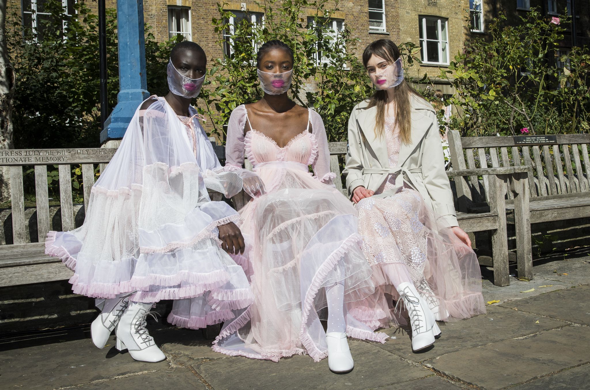 london, england   september 18 models pose ahead of the bora aksu show during lfw september 2020 at st pauls church on september 18, 2020 in london, england photo by tristan fewingsbfcgetty images