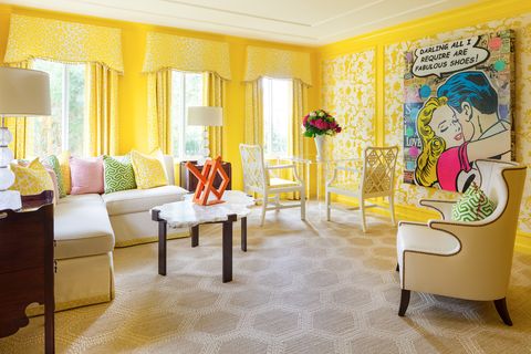 Room, Living room, Interior design, Yellow, Furniture, Property, Floor, Wall, Building, Wallpaper, 