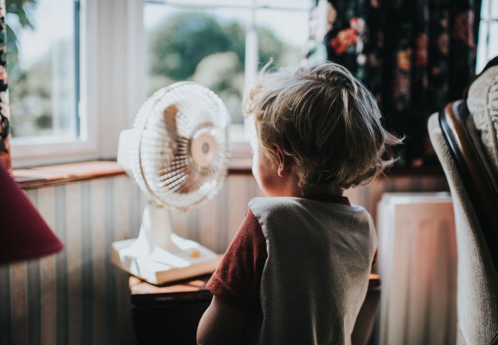 little boy looking at a fan