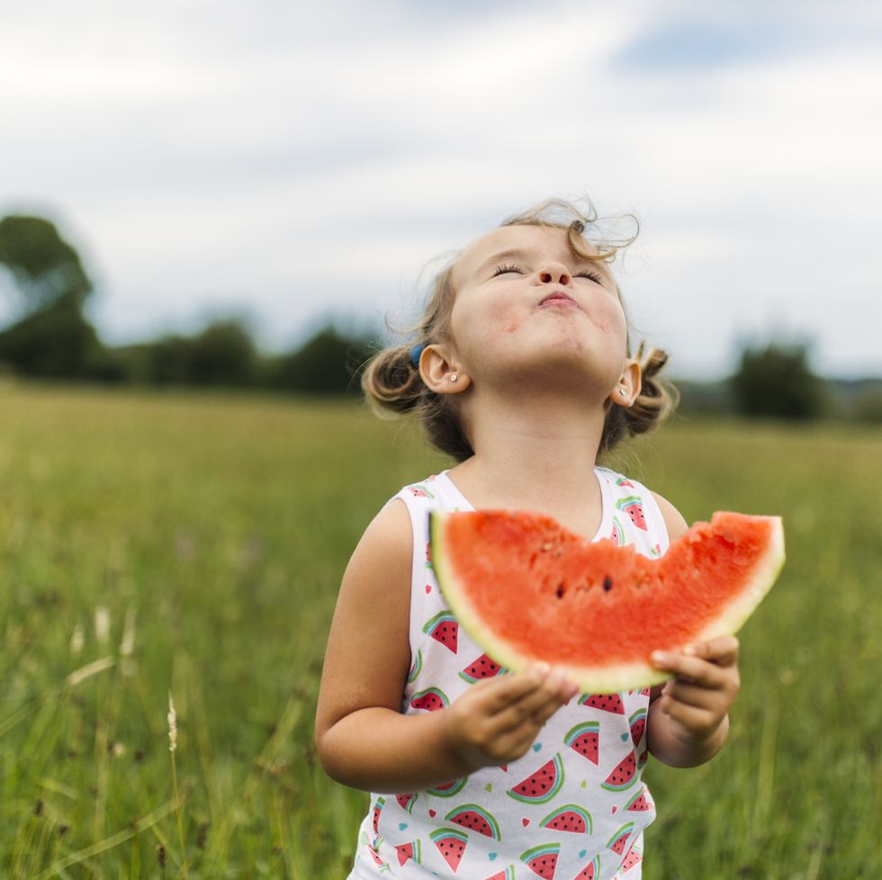 little girl eating watermelon on a meadow