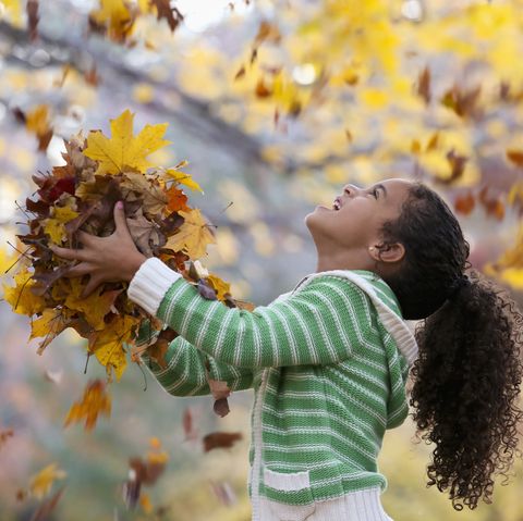 little girl playing in the fall leaves