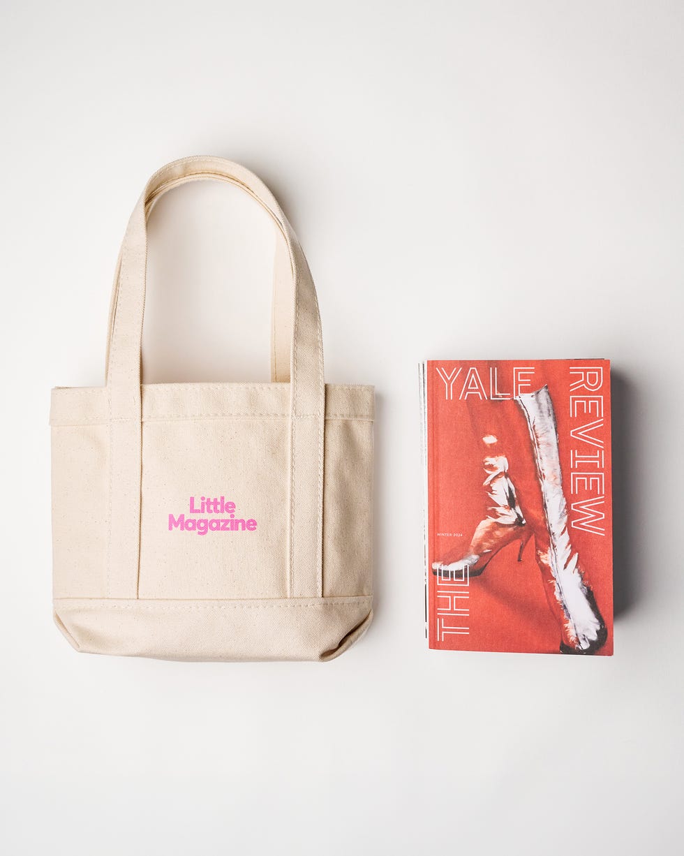 a mini tote bag reading 'little magazine' sitting alongside an issue of the yale review