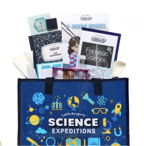 blue bag with science accessories all over it that is filled with science activities for kids like a lab notebook gloves spray bottle and more