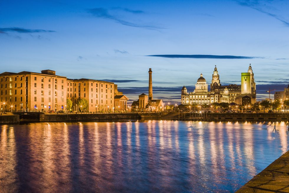 north west england, merseyside, the albert dock and the three graces royal liver building, cunard building, port of liverpool building