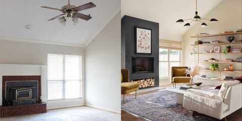 living room empty with a brick fireplace and living room with a modern makeover
