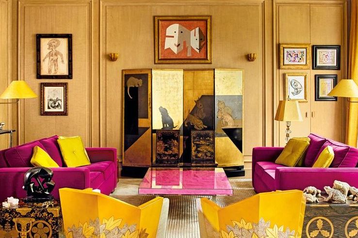 Living room, Room, Yellow, Interior design, Furniture, Property, Orange, Couch, Table, Building, 