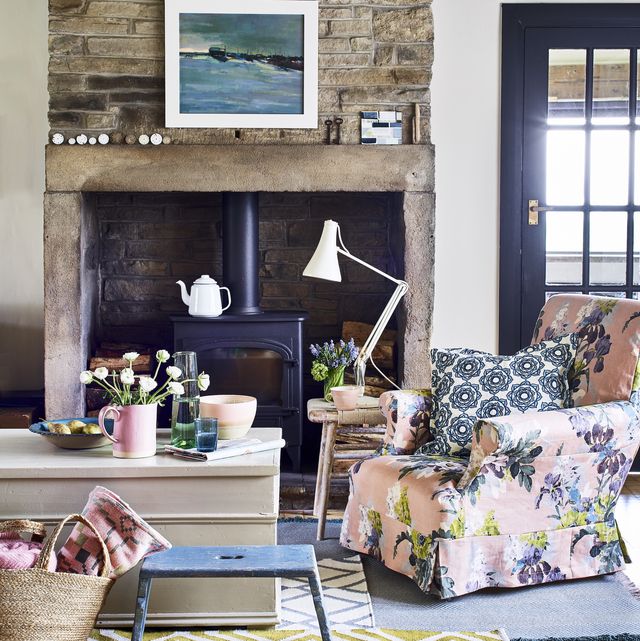 living room with spring flowers