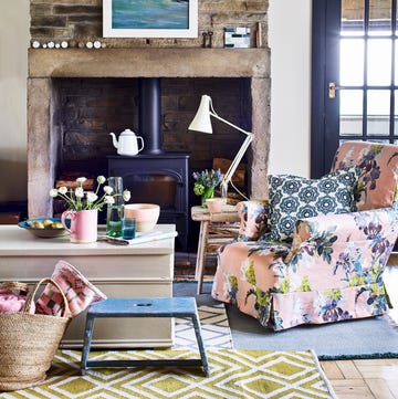 living room with spring flowers