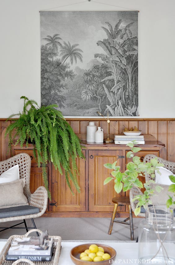 living room setting featuring a rustic cabinet potted ferns and decorative items