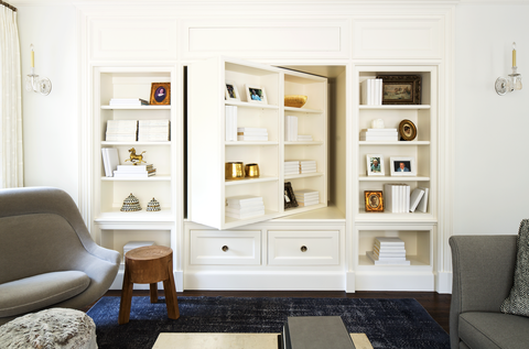 living room ideas, white rotating bookshelf