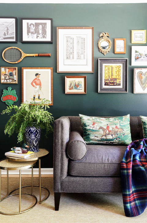 living room ideas, eclectic wall art  above grey couch