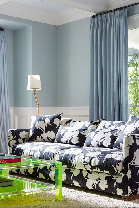 blue floral sofa in contemporary living room