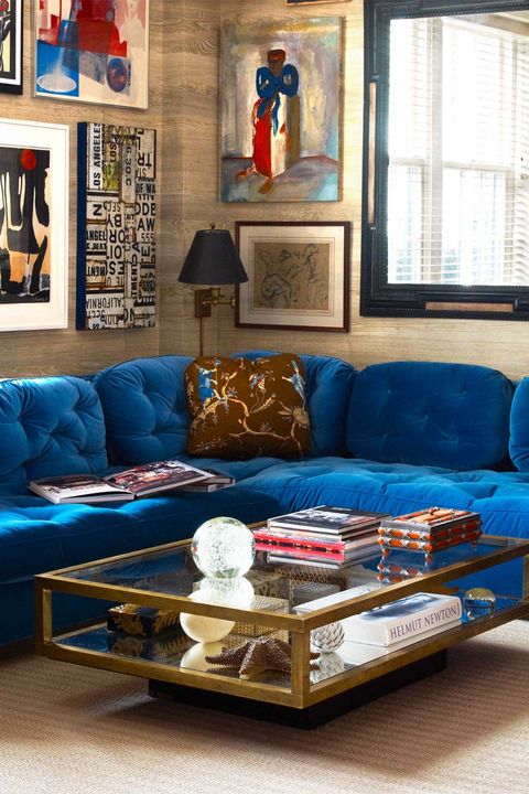 blue velvet corner sectional in living room