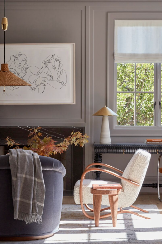 living room with gray wall paint with purple undertones