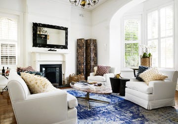 Living room, Room, Furniture, White, Interior design, Property, Blue, Couch, Home, Building, 