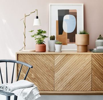 living room sideboard with small houseplants