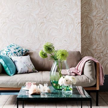 spring living room, wallpaper, muted colour palette of blossom and stone grey