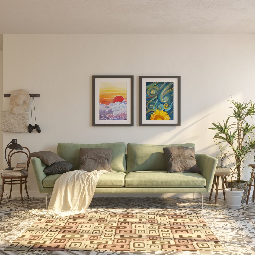 living room with artworks on the wall