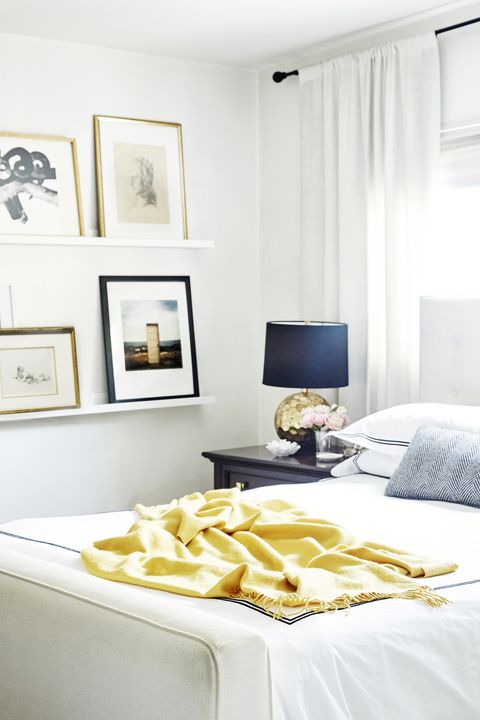 Bedroom, White, Room, Furniture, Interior design, Bed sheet, Yellow, Bed, Property, Bed frame, 