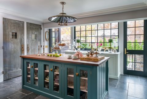 kitchen, blue and green cabinets, dark grey tiles and marble back splash, wood countertop, renovated by liz caan