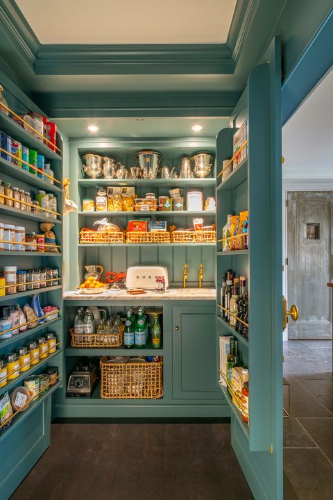 pantry, walk in scullery, green cabinets, marble countertop with gold faucets