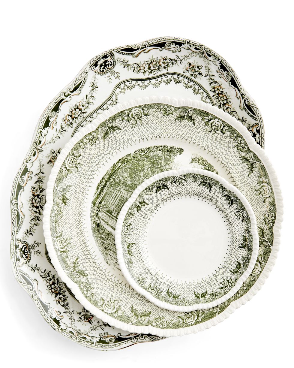 antique green and white transferware