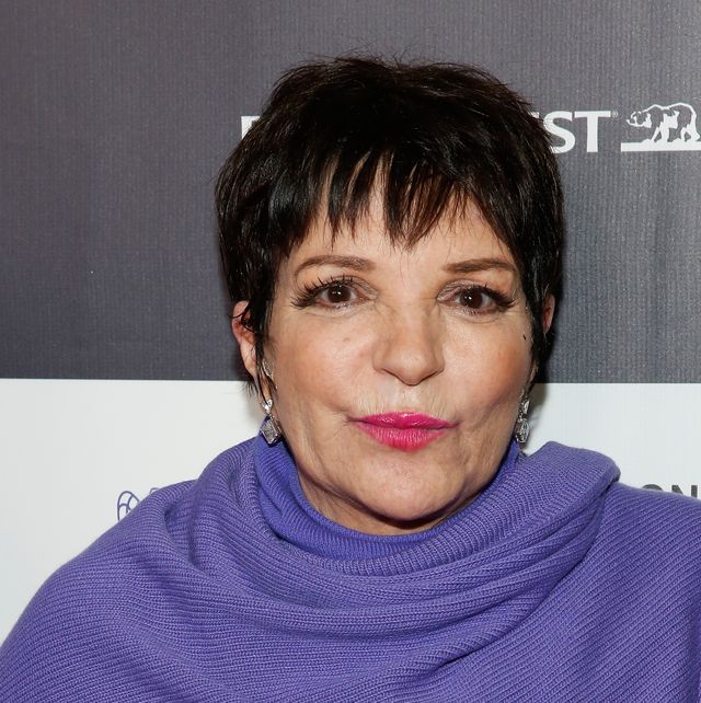 liza minnelli looks at the camera, she wears a purple shawl and dangling earrings with pink lipstick